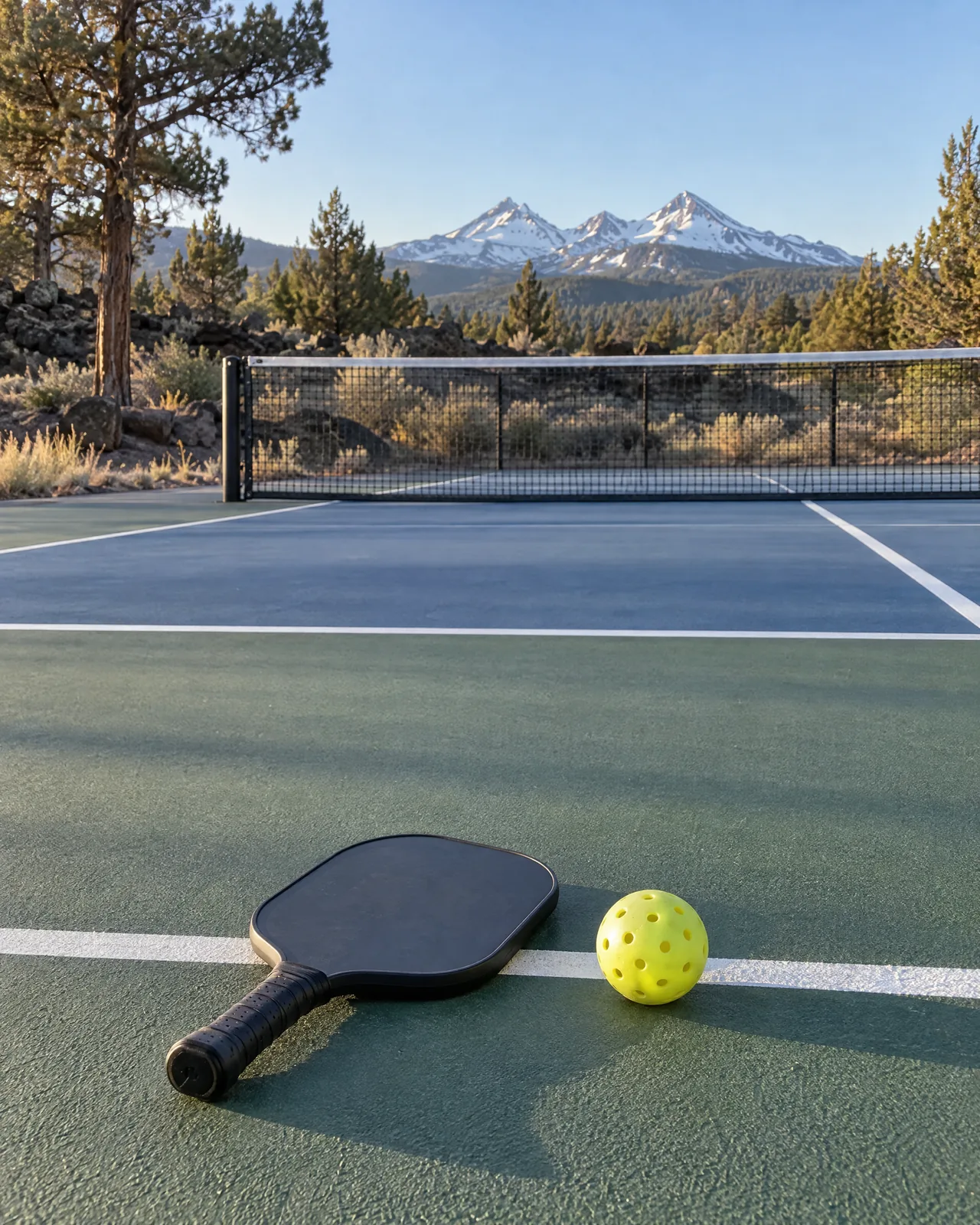 A pickleball paddle and yellow ball resting on the kitchen line of an empty outdoor court, ponderosa pines and snowy peaks beyond